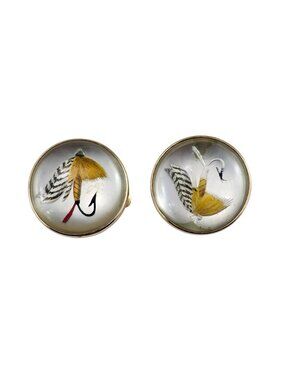 14K Yellow Gold Reverse Intaglio Fly Fishing Lure Cufflinks #25732